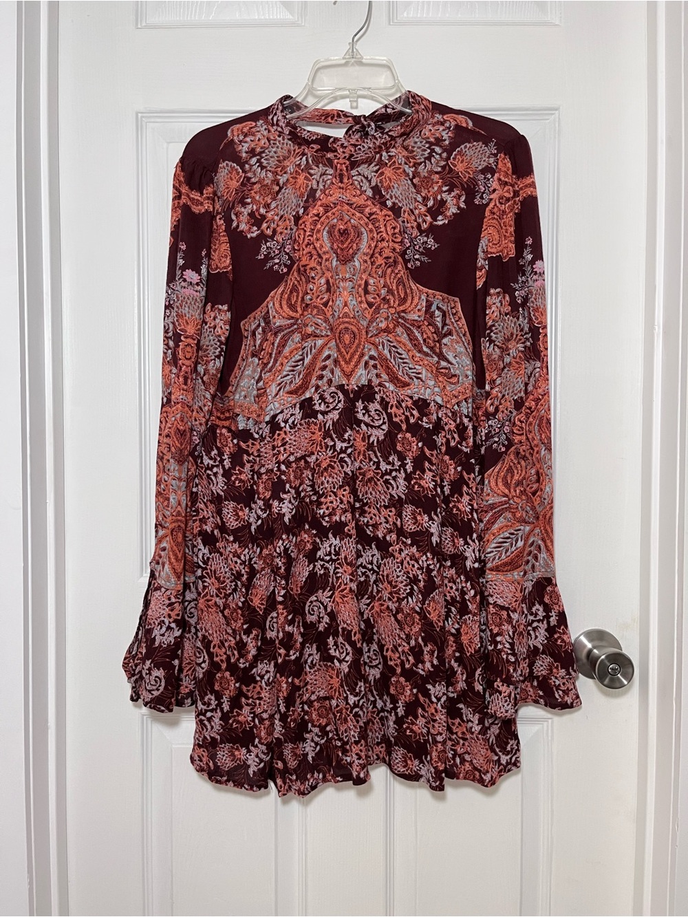 Free People Burgundy and Burnt Orange Paisley Long-Sleeve Mini Dress